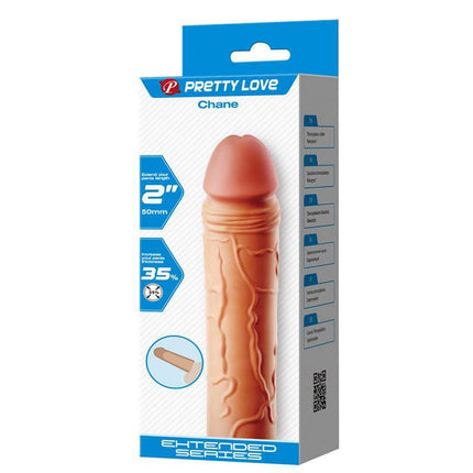Extended Penis Sleeve 2 Chane in package showing length and girth enhancements for a natural, filling experience.