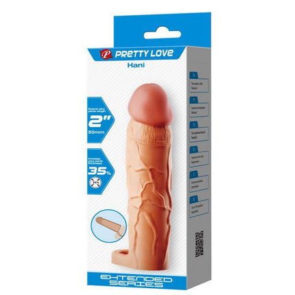 Extended Penis Sleeve 2 Hani in packaging, showing design features for increased length and girth. Realistic, waterproof TPR material.