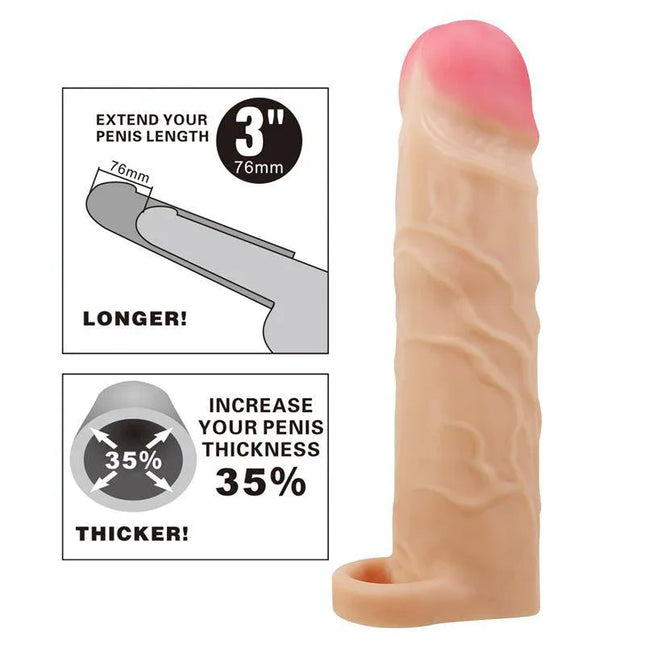 Extended Penis Sleeve 3 Gerd enhances length by 3 inches and girth by 35%, offering a realistic feel and fuller sensation for couples.