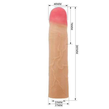 Extended Penis Sleeve 3 Kylian enhancing length and girth, designed for increased pleasure and delayed ejaculation, dimensions shown