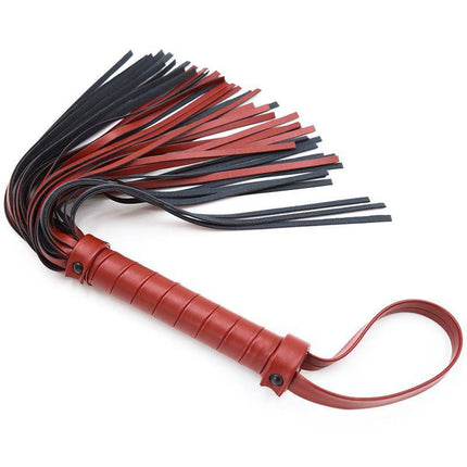 Extra Soft Flogger 40 cm with textured handle, premium BDSM accessory for intimate play, red and black tassels shown.