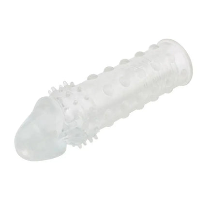 Extra Texture Sleeve Clear penis enhancement tool with textured design for intensified stimulation, made from body-safe transparent TPE material.