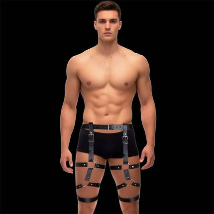 Fabian Leg and Waist Bondage Harness Adjustable displayed on model, showcasing BDSM gear design with leg and waist straps.
