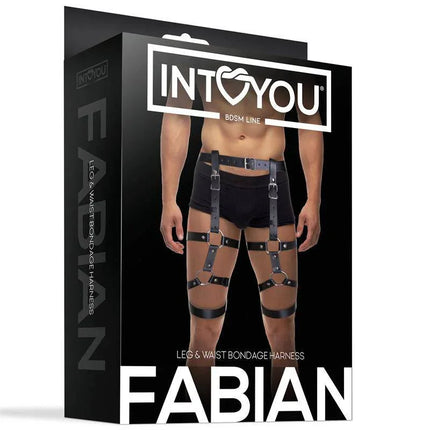 Fabian Leg and Waist Bondage Harness Adjustable in packaging showcasing BDSM styling.