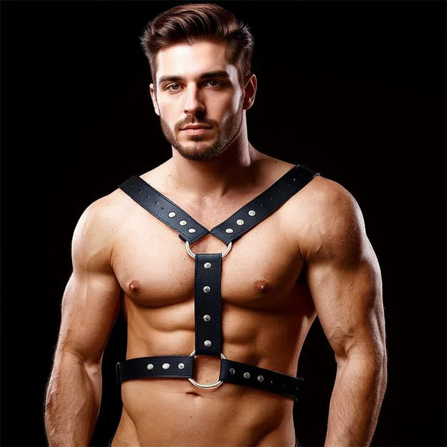 Model wearing Fabrio Male Chest Bondage Harness Vegan Leather, showcasing sleek design with O-shaped rings for BDSM enthusiasts.