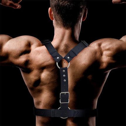Back view of Fabrio Male Chest Bondage Harness Vegan Leather, showing straps and O-shaped rings for BDSM play.