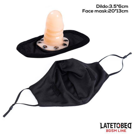 Face mask with 6 cm Detachable Dildo and sleek black design, part of Latetobed BDSM Line, featuring adjustable cords for secure fit.