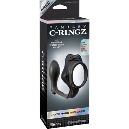 Fantasy C-Ringz Rock Hard Ass-Gasm Black - Dual-action pleasure device with a cock ring and P-Spot plug for intensified erections.