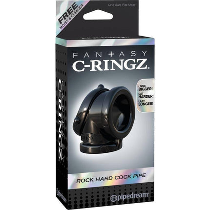 Fantasy C-Ringz Rock Hard Cock Pipe Black packaging with discreet cock ring for enhanced performance and comfort.