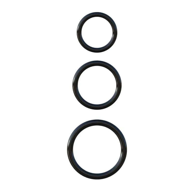 Fantasy C-Ringz Silicone 3-Ring Stamina Set Black showing three black silicone rings for stamina and performance enhancement.