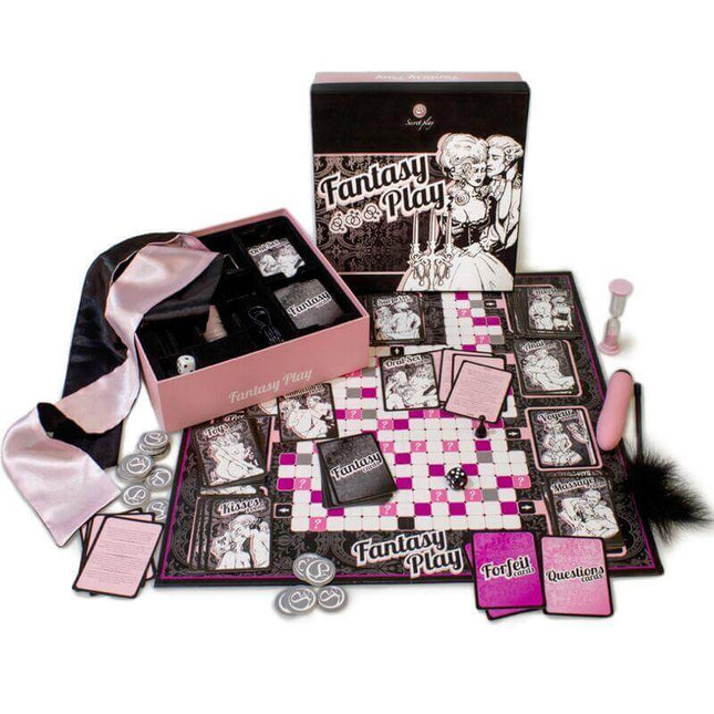 Box and components of Fantasy Play (ES/EN/FR/PT) romantic board game with Rococo theme