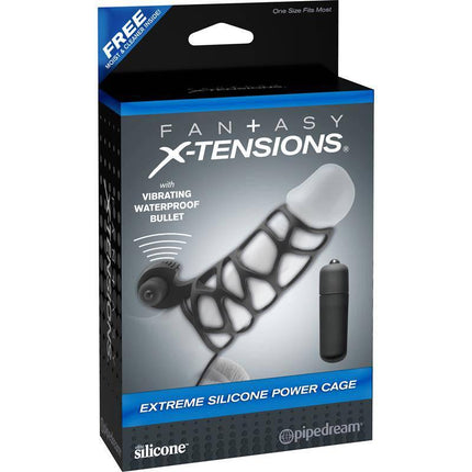Fantasy X-tensions Extreme Silicone Power Cage - Black in original packaging, featuring a silicone cage with vibrating bullet.