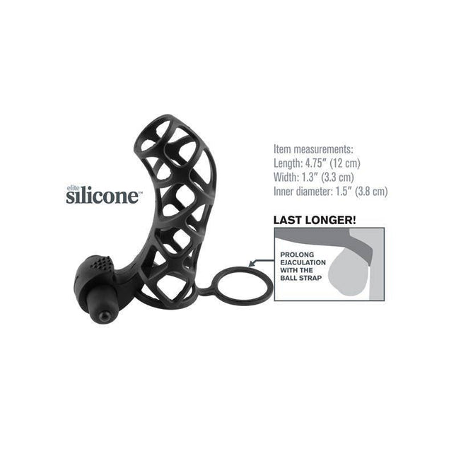 Fantasy X-tensions Extreme Silicone Power Cage - Black with measurements and features for enhanced performance.