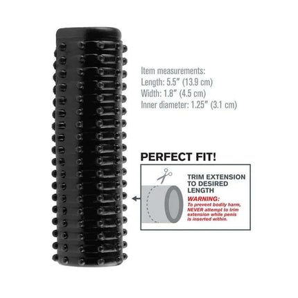 Fantasy X-tensions Magic Pleasure Sleeve - Black with tickler details, measurements, and trimming instructions for perfect fit.