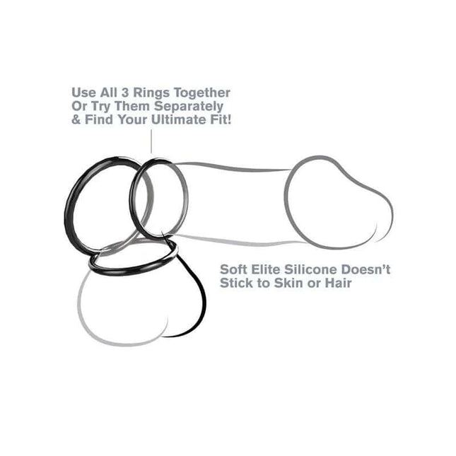 Fantasy C-Ringz Silicone 3-Ring Stamina Set Black illustration with usage instructions and benefits.