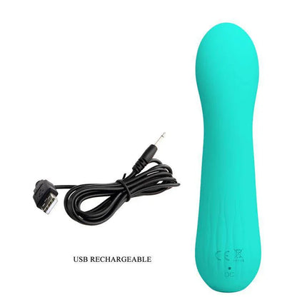 Faun Vibrator Green with USB rechargeable cord, super soft silicone texture and curved tip for G-spot stimulation.