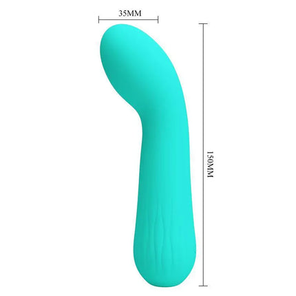 Faun Vibrator Green with soft silicone texture and curved design for G-spot stimulation, dimensions 35mm by 150mm