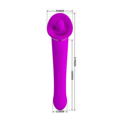 Faust Licking Vibrator USB in purple with measurements, dual-stimulation design, featuring tongue and vibration functions.