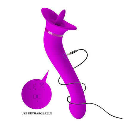 Faust Licking Vibrator USB in bright pink, showing USB cord attachment for charging.