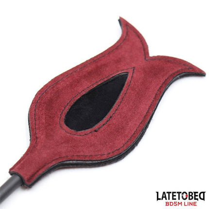 Feather Tickler and Rose Shape Paddle in red from Latetobed BDSM Line, close up of intricate paddle design.