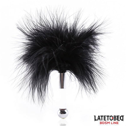 Feather Tickler with Acrylic Metal Handle for sensory play, featuring a black feather design from the Latetobed BDSM Line.
