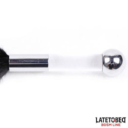 Feather Tickler with Acrylic Metal Handle from Latetobed BDSM Line, compact design for sensory play, featuring acrylic and metal handle.