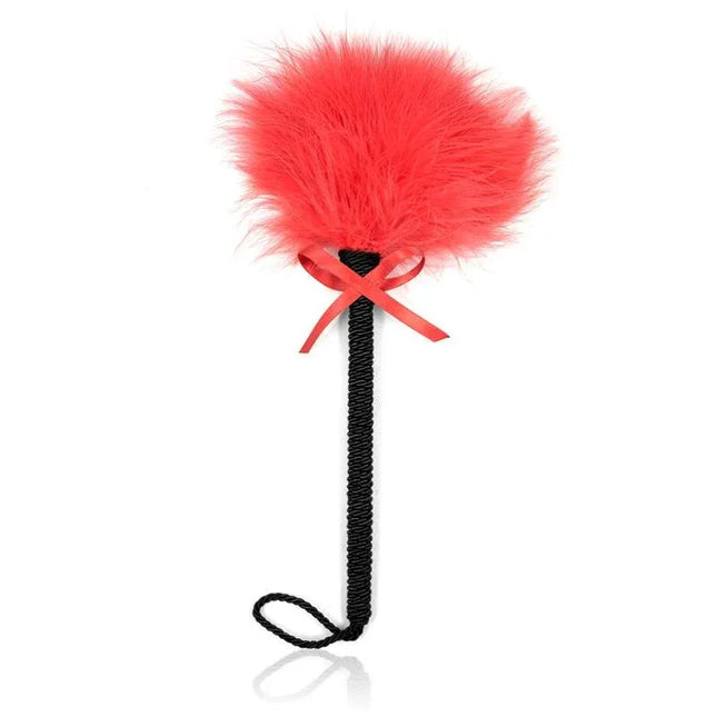 Feather Tickler with Bow 25 cm Red for couples' intimate play, featuring a fluffy red feather and textured handle for teasing sensations.
