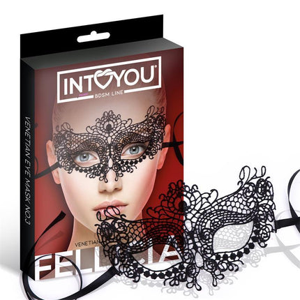 Fellicia Venetian Eye Mask No. 3 with intricate lace design and quality ribbons for elegance and comfort, part of a handmade collection.