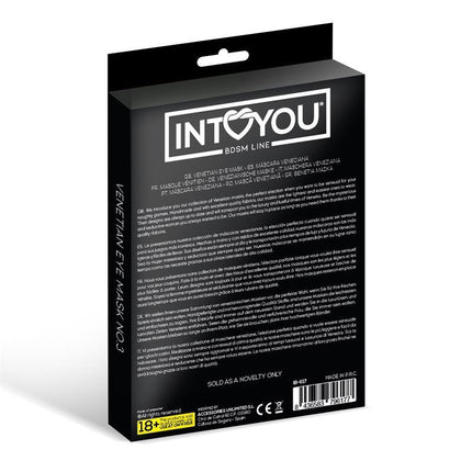 Packaging for Fellicia Venetian Eye Mask No. 3, part of the BDSM line by IntoYou, showcasing product details and safety information.