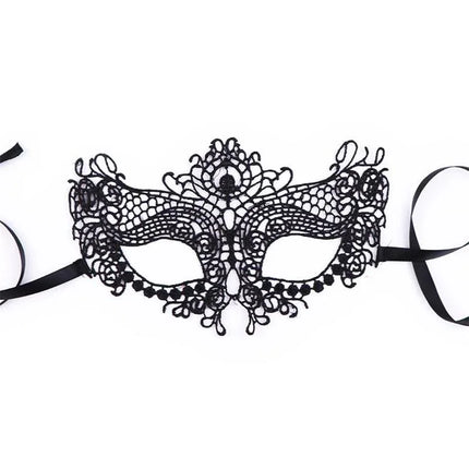 Fellicia Venetian Eye Mask No. 3, elegant black lace eye mask with intricate design and ribbons for comfort and style.