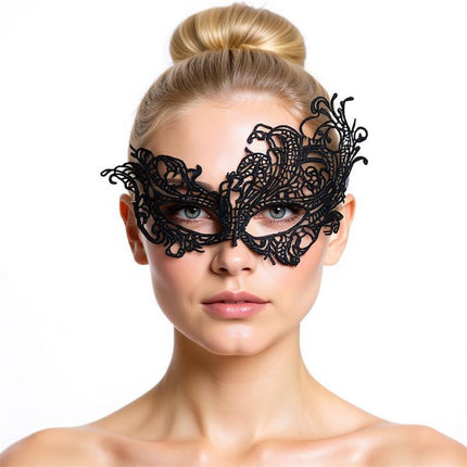 Model wearing Fellicia Venetian Eye Mask No. 4 showcasing luxurious design and superior craftsmanship.
