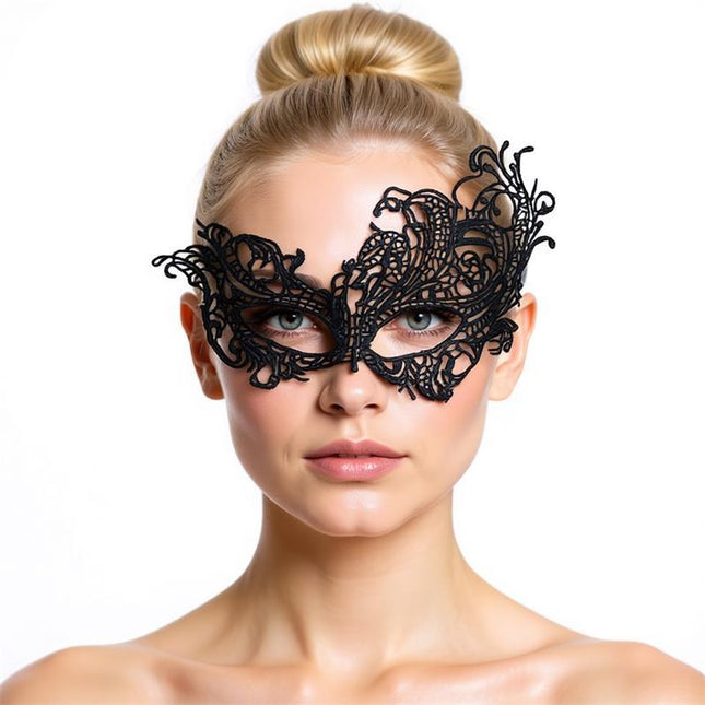 Model wearing Fellicia Venetian Eye Mask No. 4 showcasing luxurious design and superior craftsmanship.