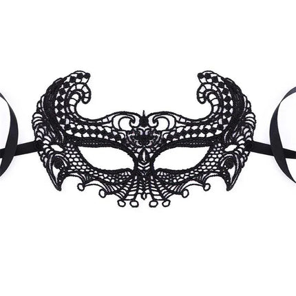 Fellicia Venetian Mask No. 1 in intricate black lace with garter-style design, elegant and comfortable for any occasion.