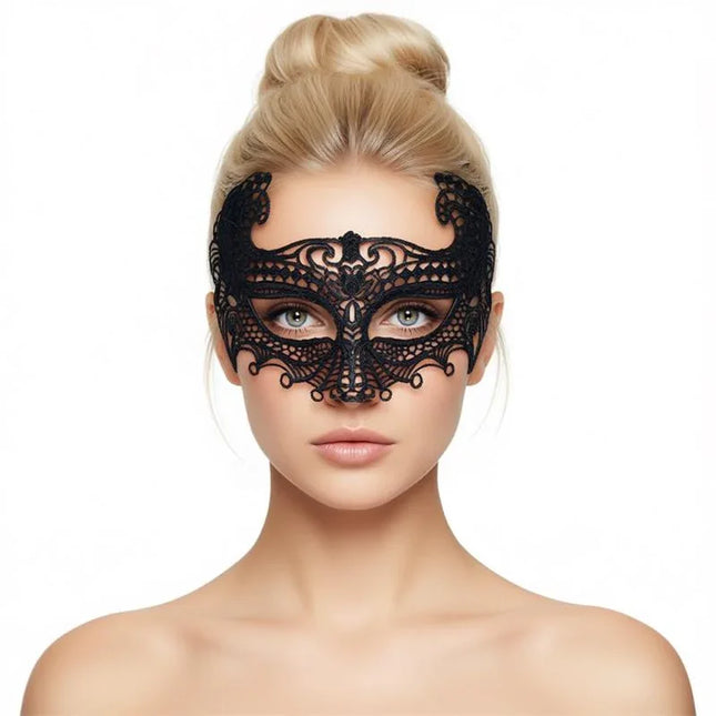 Woman wearing Fellicia Venetian Mask No. 1, showcasing elegant black lace design, perfect for adding mystery and sophistication to an event.