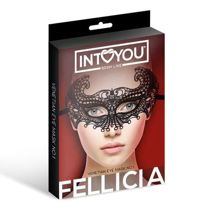 Fellicia Venetian Mask No. 1 packaging featuring intricate lace design for elegant and seductive occasions. Part of a luxury collection.