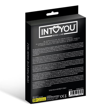 Packaging for 'INTOYOU BDSM Line Venetian Eye Mask No. 2' with product information, CE marking, and age restriction warning.