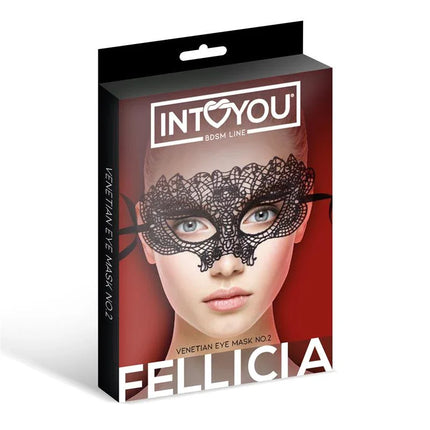 Packaging of Fellicia Venetian Mask No. 2 showcasing a luxurious black lace design for a seductive and comfortable fit.