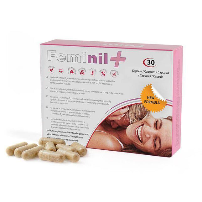 Feminil Plus supplement box with capsules, labeled new formula, designed for women's health and vitality.