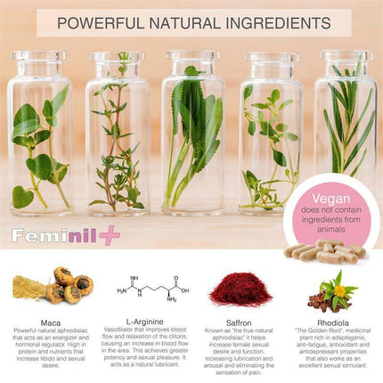 Feminil+ Capsules powerful natural ingredients for female libido support, featuring herbs and vegan formula.