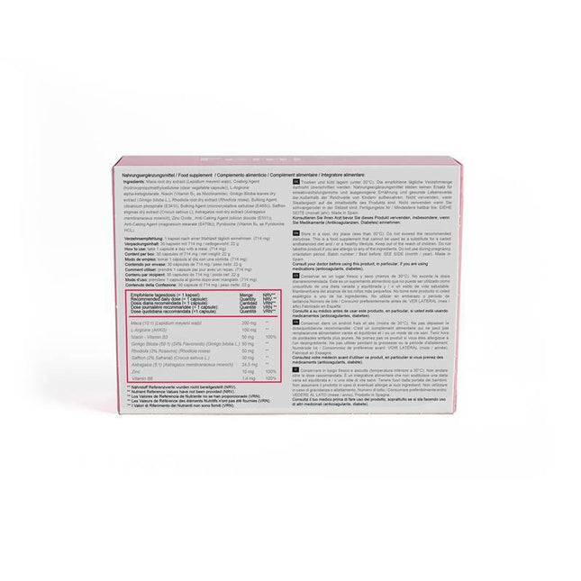 Back of Feminil+ Capsules box detailing ingredients and benefits for female libido support, hormonal balance, and wellness.