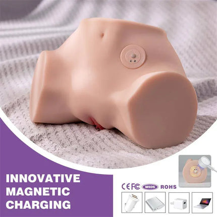 Fennie Shaking Masturbator 4 kg with realistic torso design on a soft fabric background, showcasing innovative magnetic charging feature