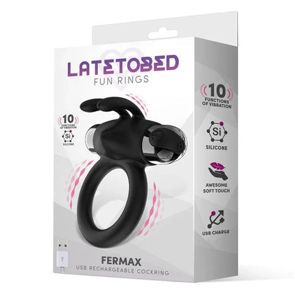 Fermax Vibrating Ring with Rabbit USB Silicone Black packaging showcasing features and functions.