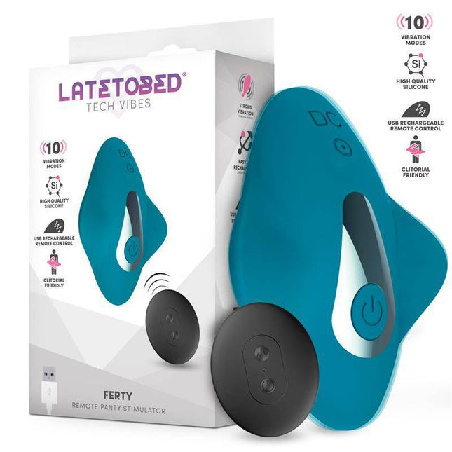 Ferty Panty Stimulator with Remote Control USB, featuring compact design and powerful motor, from Latetobed packaging view