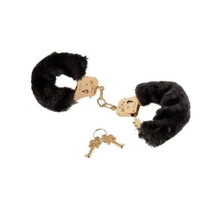 Fetish Fantasy Gold Deluxe Furry Cuffs Gold with keys, showcasing luxurious bondage accessories with gold-tone finish and black fur lining.