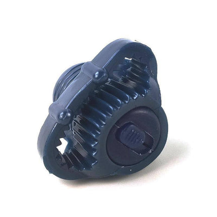 Close-up of a black gear component with multiple teeth and central knob, showcasing intricate design and engineering detail.