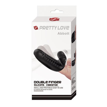 Finger Sleeve with Vibration Abbott Black in packaging featuring Pretty Love branding for intimate stimulation.