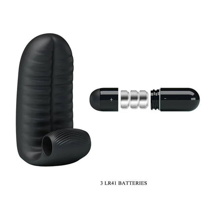 Finger Sleeve with vibration Abbott Black showing soft black silicone sleeve and battery compartment.