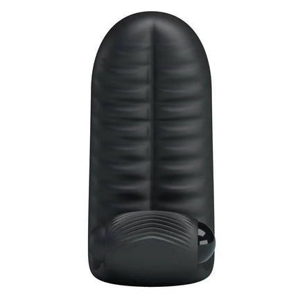 Finger Sleeve with vibration Abbott Black shown in soft silicone with ABS exterior for intimate moments.