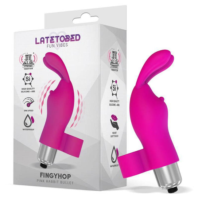 Fingyhop Vibrating Bullet with Rabbit Silicone Pink featuring bunny ears, designed for pleasure with body-safe silicone and single-speed vibration.