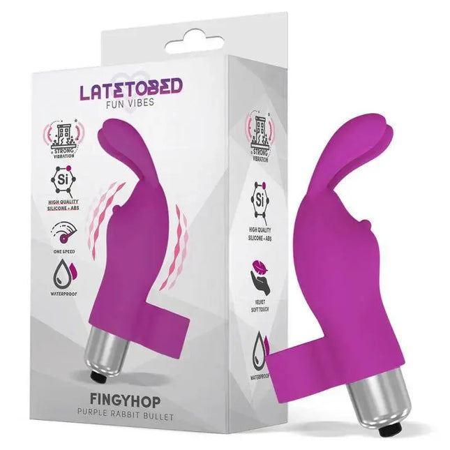 Fingyhop Vibrating Bullet with Rabbit Silicone Purple by Latetobed, shown with packaging highlighting its features for intimate pleasure.